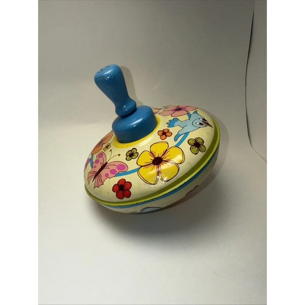 Vintage OHIO ART Tin Litho Toy Spinning Top Bluebird, Butterflies & Flowers